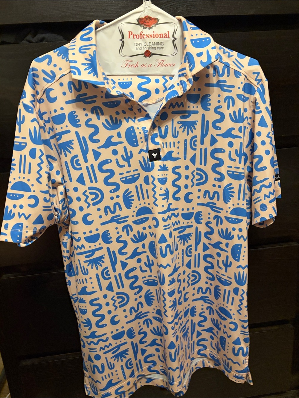 Bad Birdie Men's Casual Short Sleeve Polo Shirt - Blue on Cream Medium